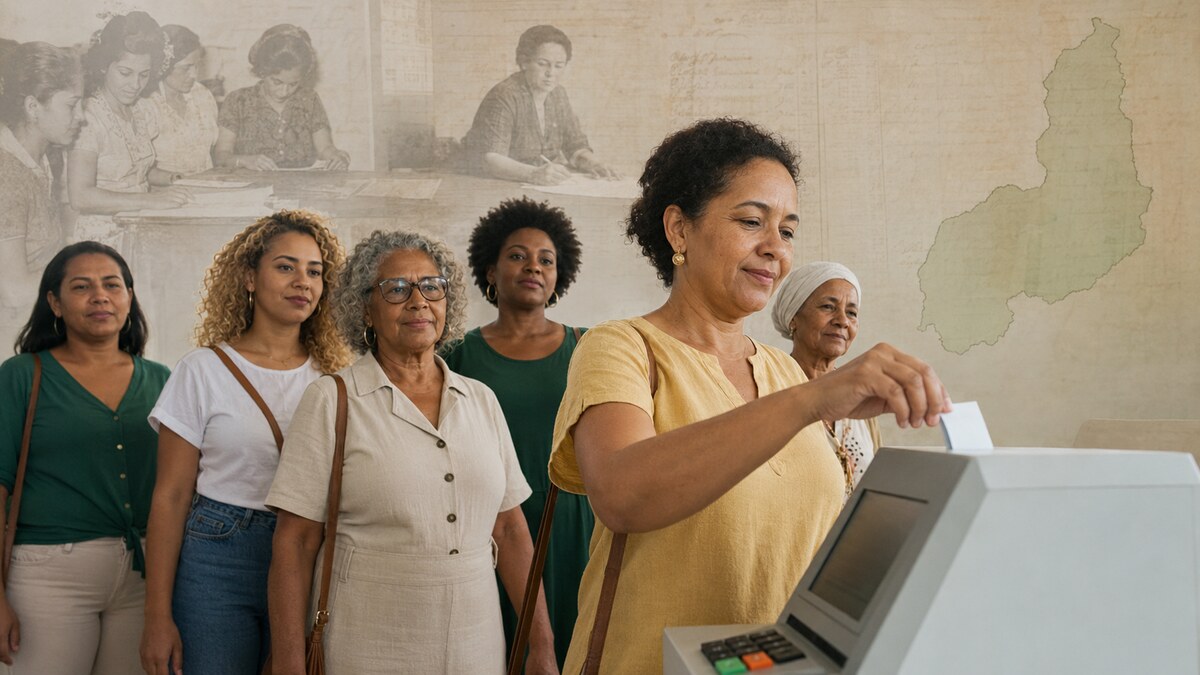 Mulheres de diferentes gerações aguardam para votar enquanto eleitora utiliza urna eletrônica, com referências à história e ao mapa do Piauí ao fundo.