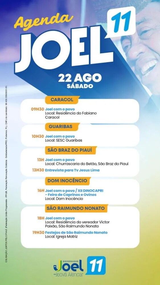 Programação oficial divulgada pela assessoria de Joel Rodrigues