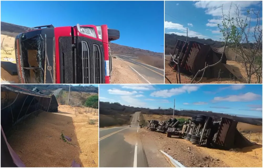 Carreta com carga de milho tomba na PI-459 entre Lagoa do Barro e Queimada Nova