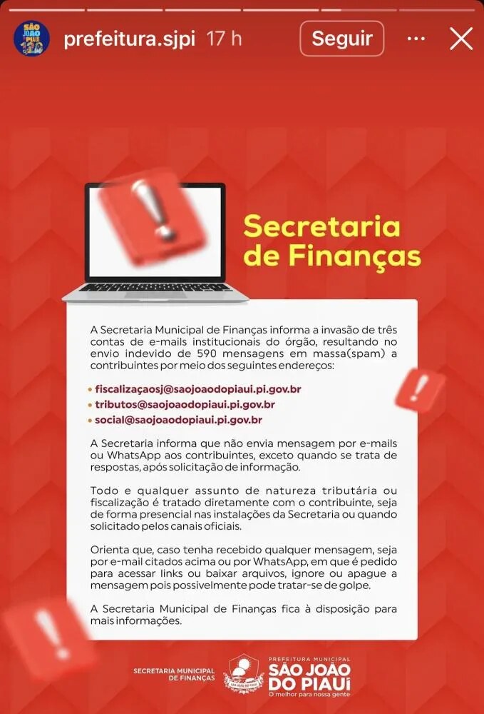 Nota informativa divulgada pelo órgão municipal orientando os contribuintes de São João do Piauí.
